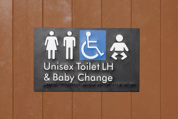 Sign on a wall for a handicapped toilet and baby change room with braille signage