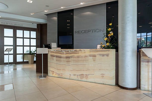 Reception signage in a office lobby