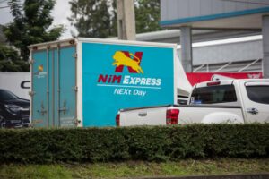 Express container with a customized vehicle wrap, brand awareness concept.