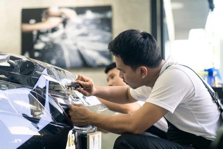 two male worker installing customize wrap on the vehicle.