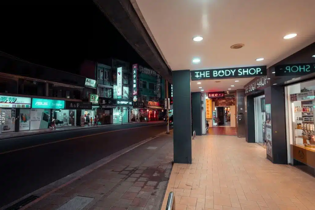 Shops Along the Road at Nighttime