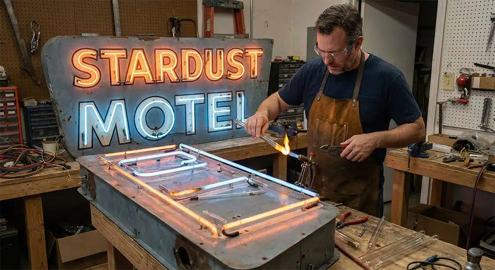A man repairing a Neon sign by stopping any leaks