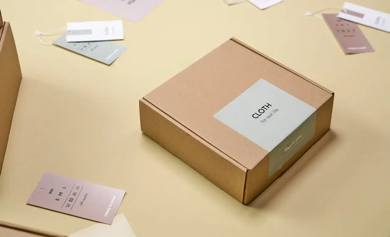 Custom paper packaging labels used for branding and sealing e-commerce shipping boxes.